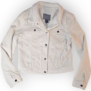 🤍 Vintage Campus Crew Corduroy Jacket – Off White | Faux Fur Collar | Size L ✨
